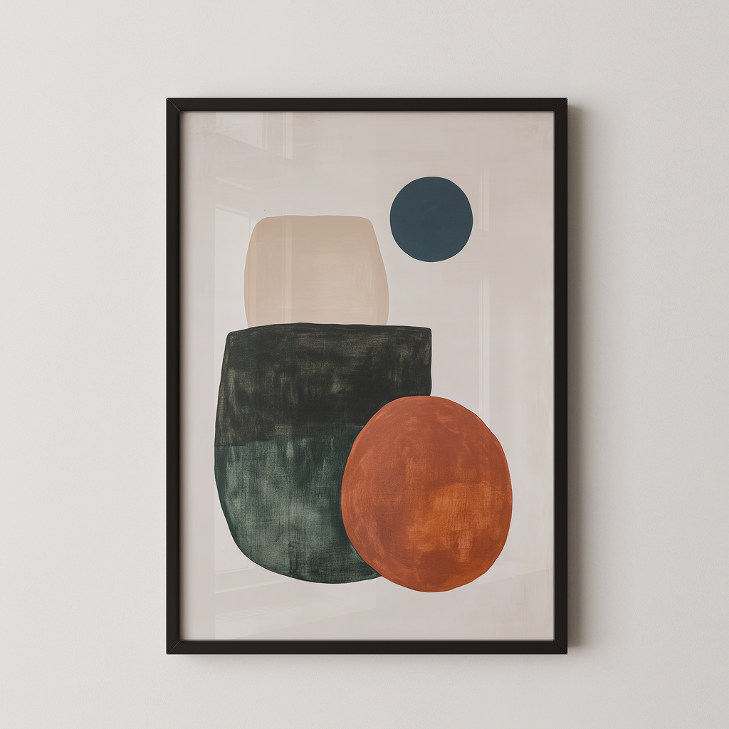 The image is a framed abstract art piece featuring a combination of geometric shapes and colors, including a large orange circle, a green rectangle, and a blue circle.