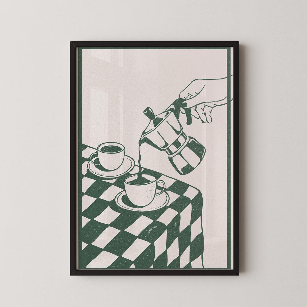 A framed illustration depicting a hand pouring coffee from a coffee pot into two cups on a checkered tablecloth.
