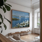 a serene living room with a large painting of a sailboat on the wall, a wooden coffee table in front of it, and a comfortable couch. The room is decorated with potted plants and has a window that allows natural light to enter the space.