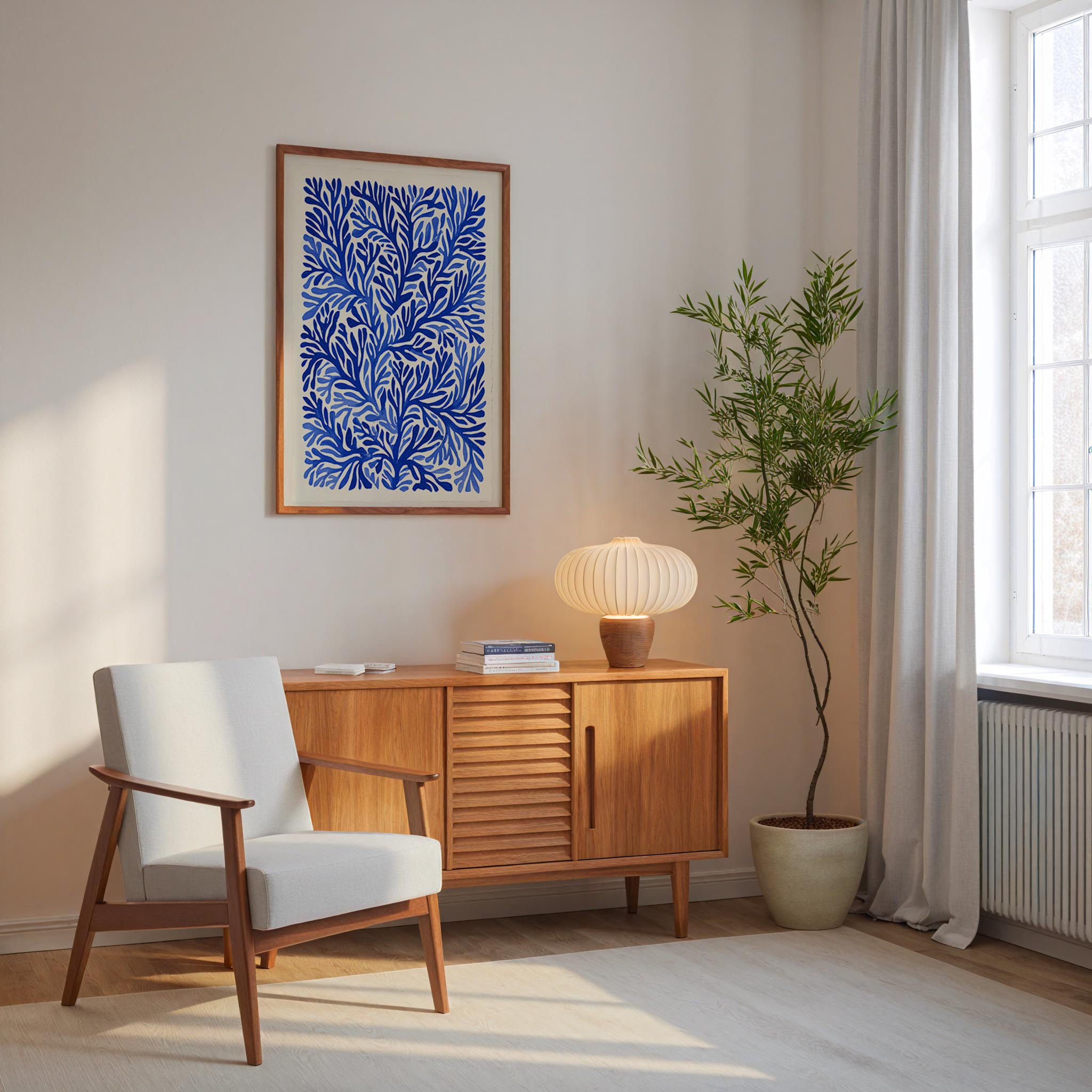 a cozy living room with a white armchair, a wooden sideboard, a framed blue floral print on the wall, and a potted plant.