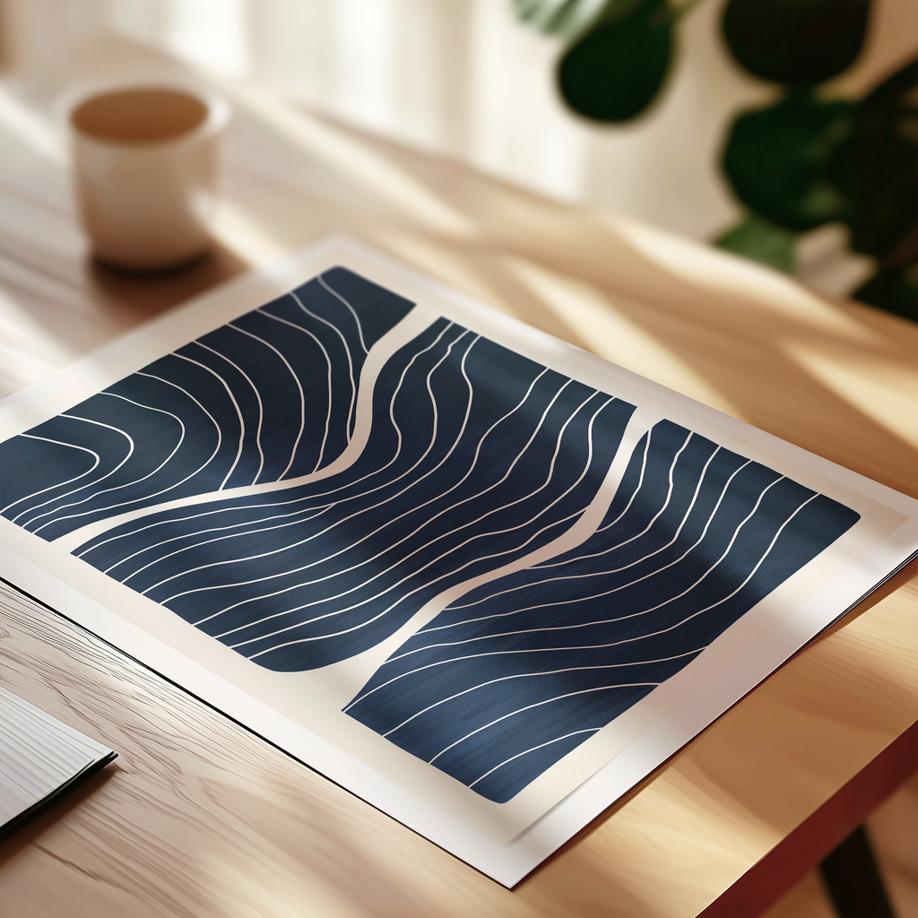 a wooden table with a framed print of a blue abstract design, a white mug, and a plant in the background.