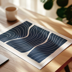 a wooden table with a framed print of a blue abstract design, a white mug, and a plant in the background.