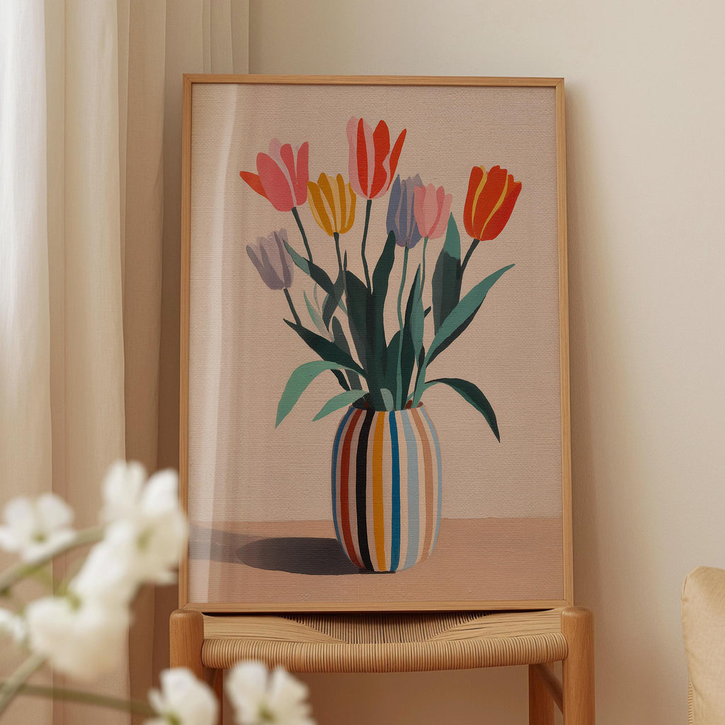 a painting of a vase with colorful tulips on a wooden stand.