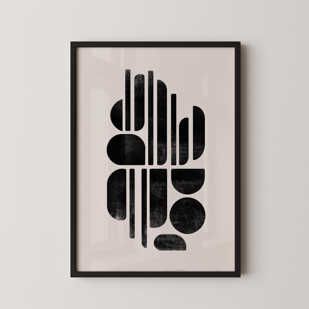 The image is a framed abstract art print featuring a minimalist design with geometric shapes and lines in black and white.