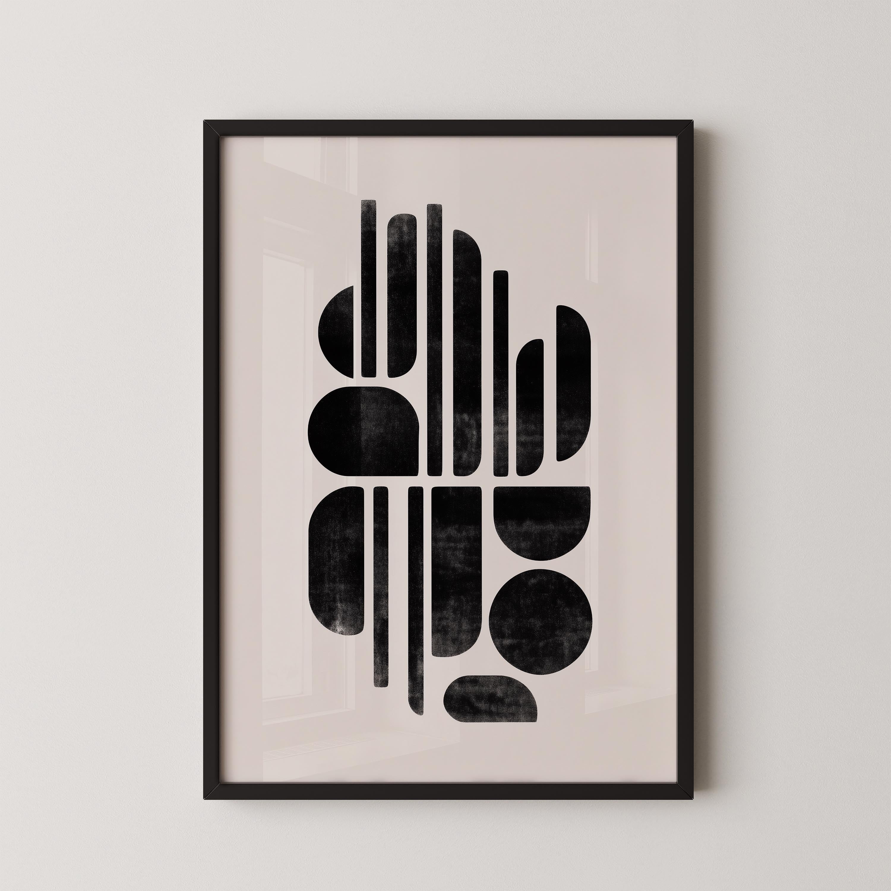 The image is a framed abstract art print featuring a minimalist design with geometric shapes and lines in black and white.