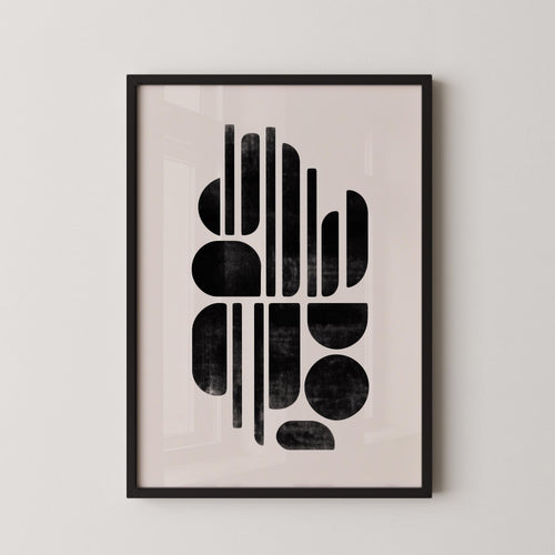 The image is a framed abstract art print featuring a minimalist design with geometric shapes and lines in black and white.