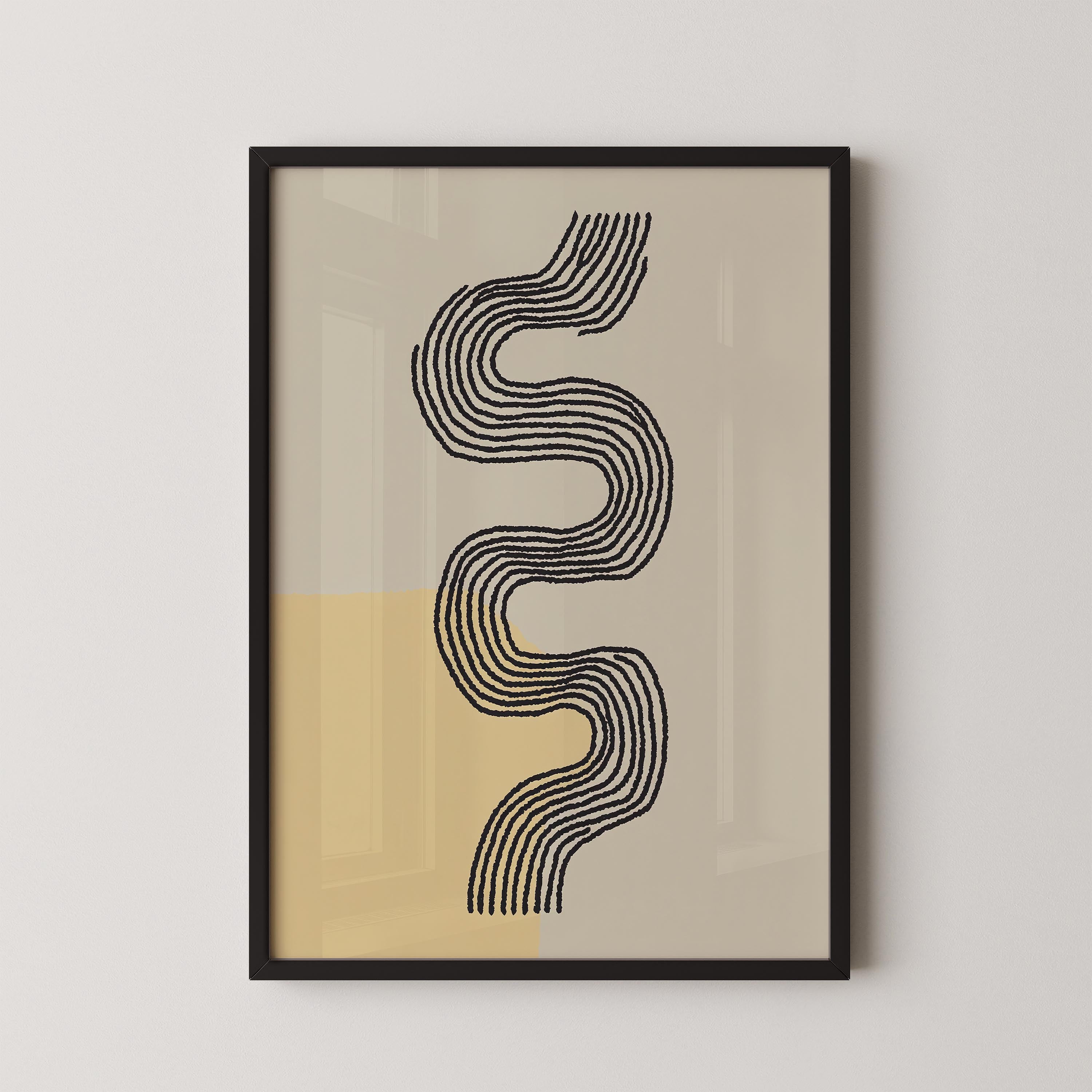 a framed abstract artwork with a black and white design of curved lines on a beige background.