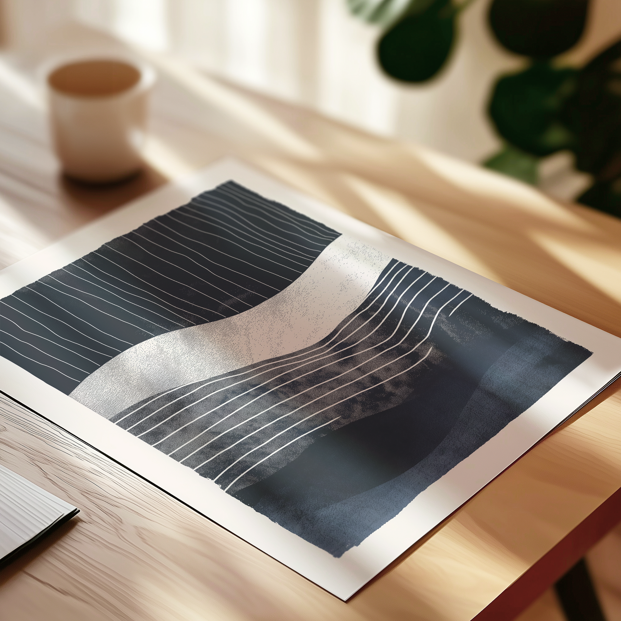 a wooden table with a white and blue abstract artwork or painting displayed on it. In the background, there is a white cup and a plant, adding to the overall composition of the scene.