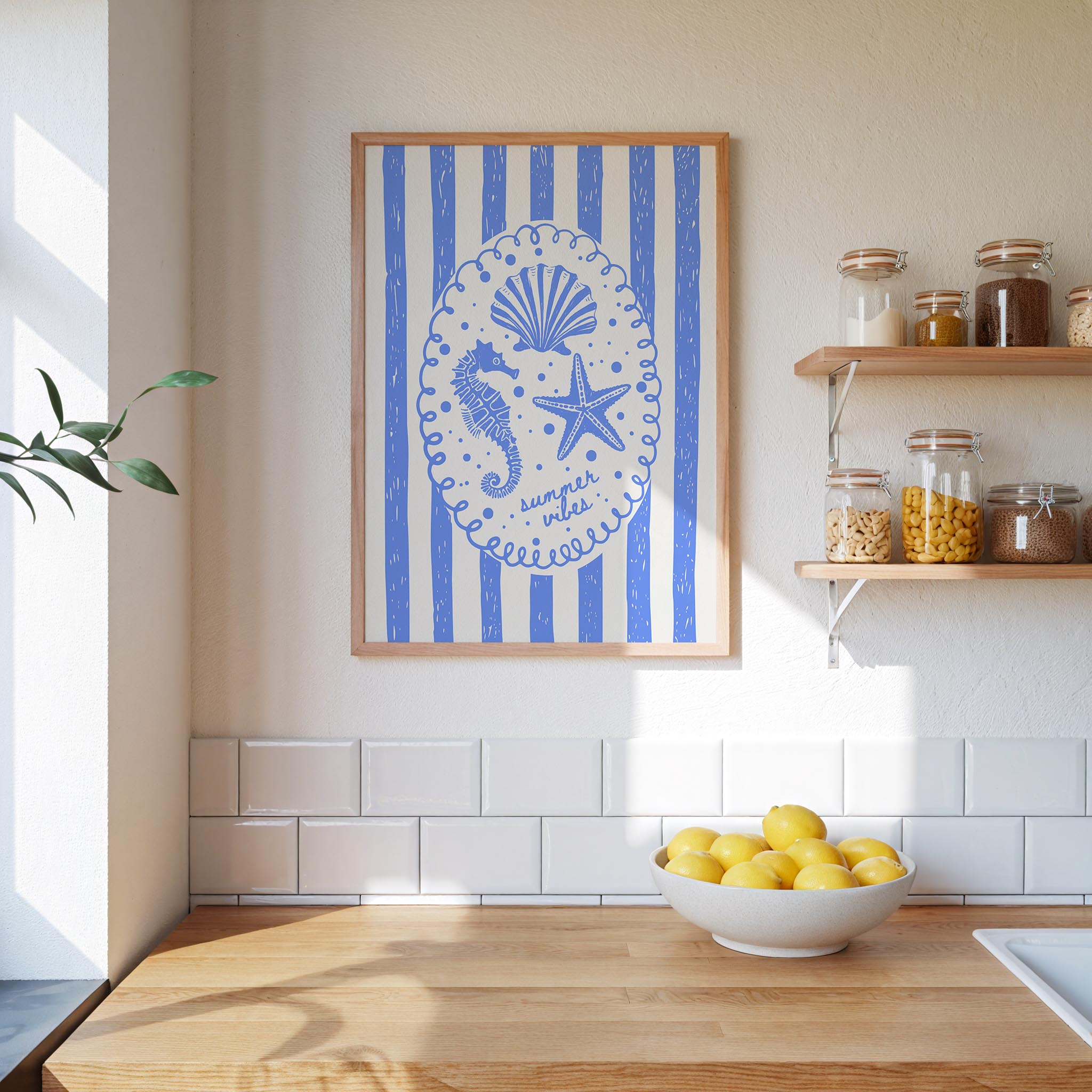 a kitchen counter with a bowl of lemons, a framed picture of a seahorse and starfish, and a shelf with jars and containers.