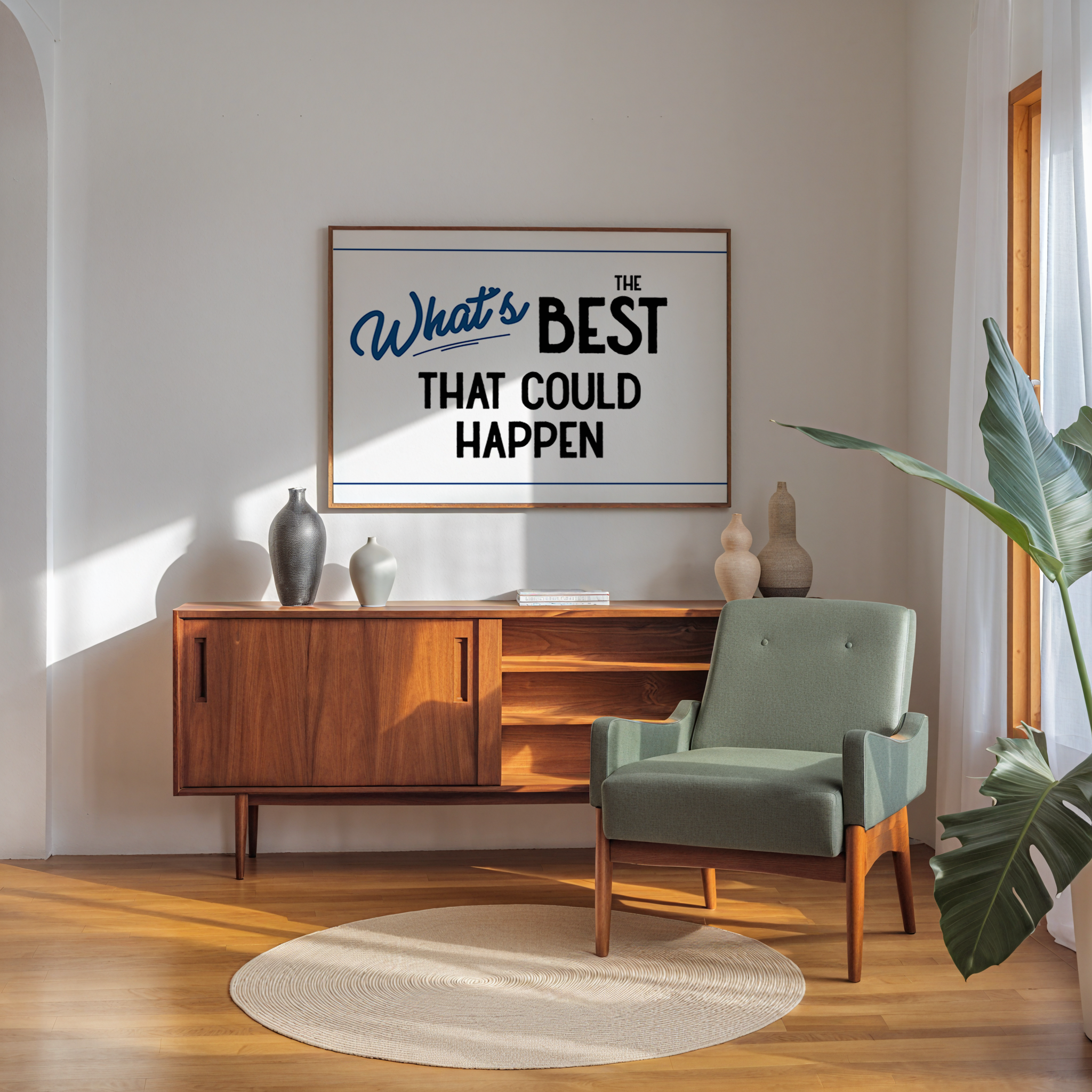 a living room with a wooden cabinet, a green armchair, and a framed quote on the wall that reads "What's best that could happen".