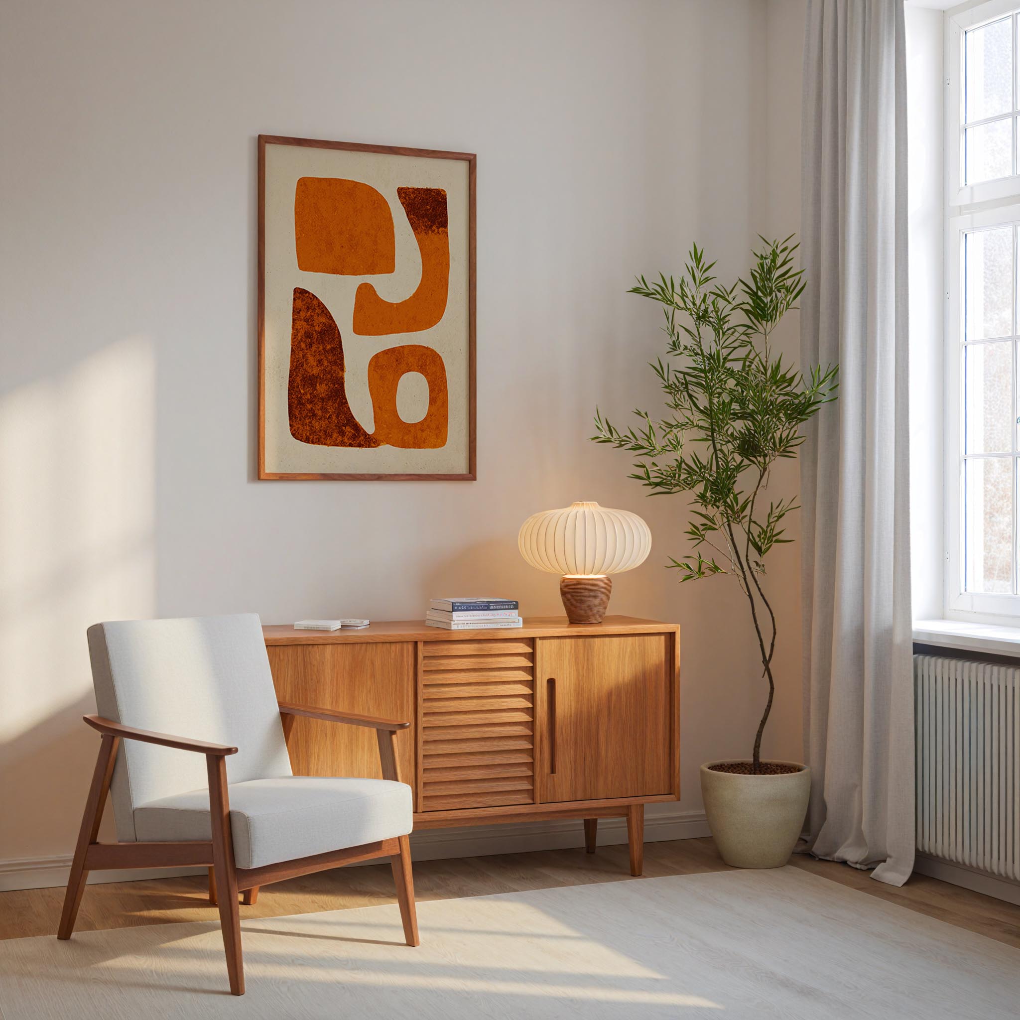 a cozy living room with a white armchair, a wooden sideboard, and a potted plant. The room has a minimalist and modern design, with a large abstract painting on the wall and a window providing natural light.
