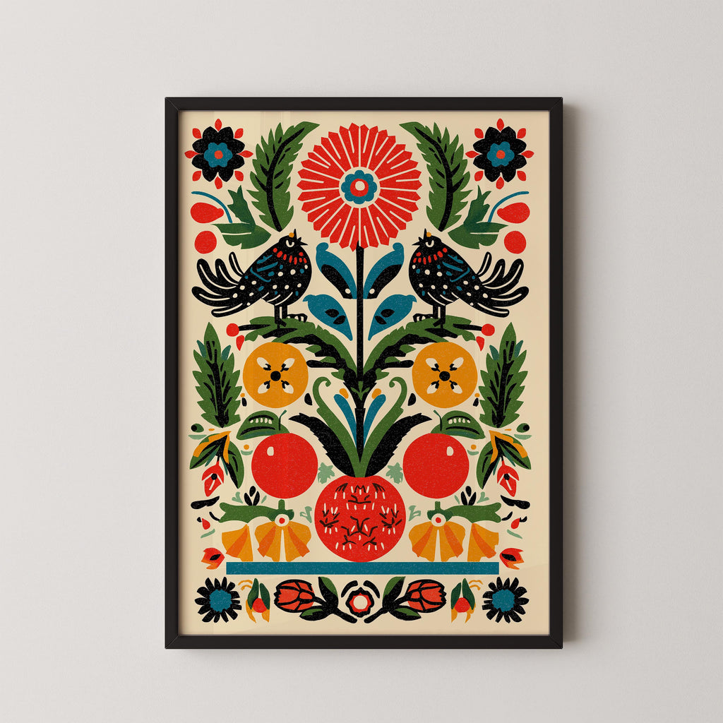 The image is a vibrant and colorful illustration featuring a variety of flowers, fruits, and birds arranged in a symmetrical and visually appealing manner.
