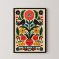 The image is a vibrant and colorful illustration featuring a variety of flowers, fruits, and birds arranged in a symmetrical and visually appealing manner.