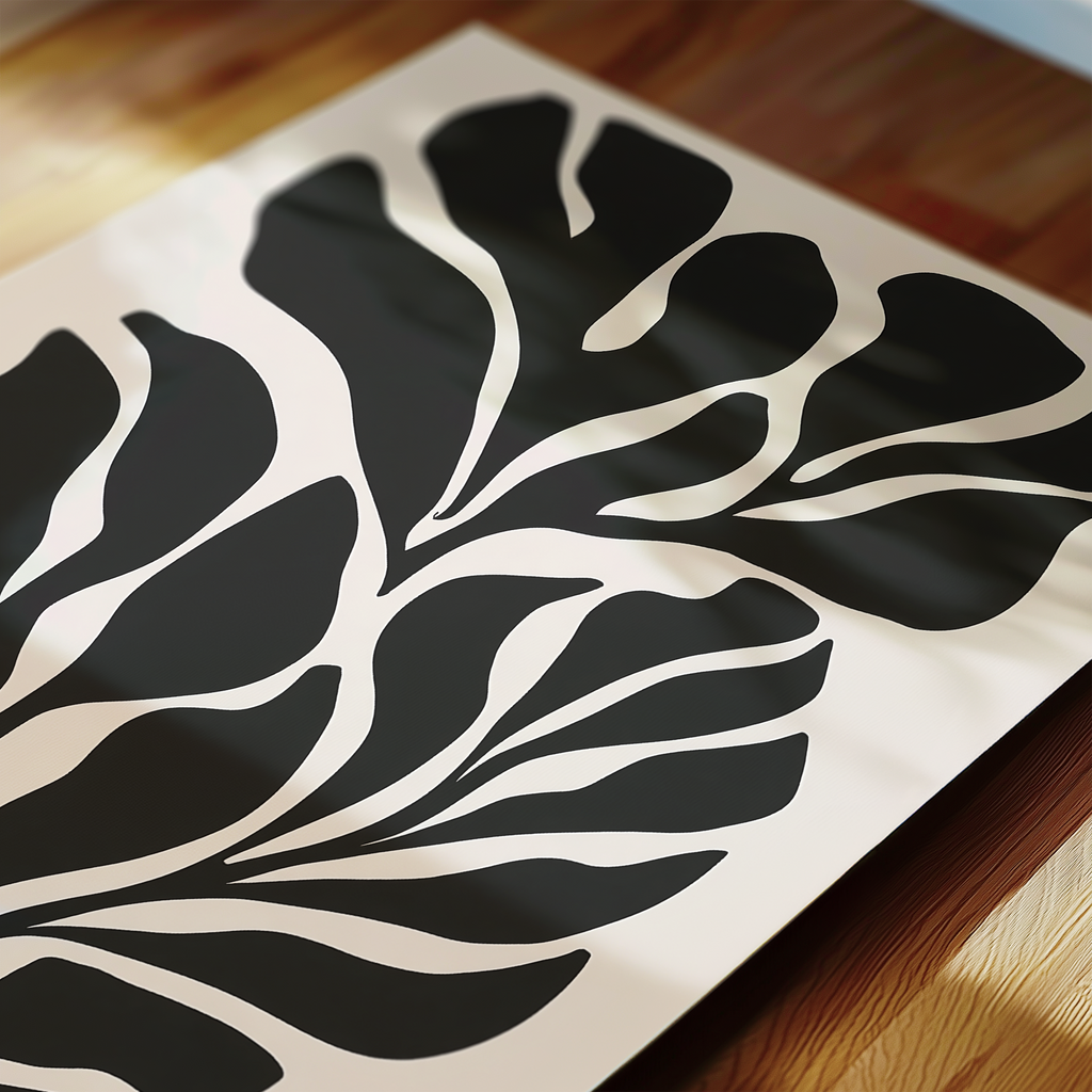 a close-up view of a black and white abstract design on a white background.