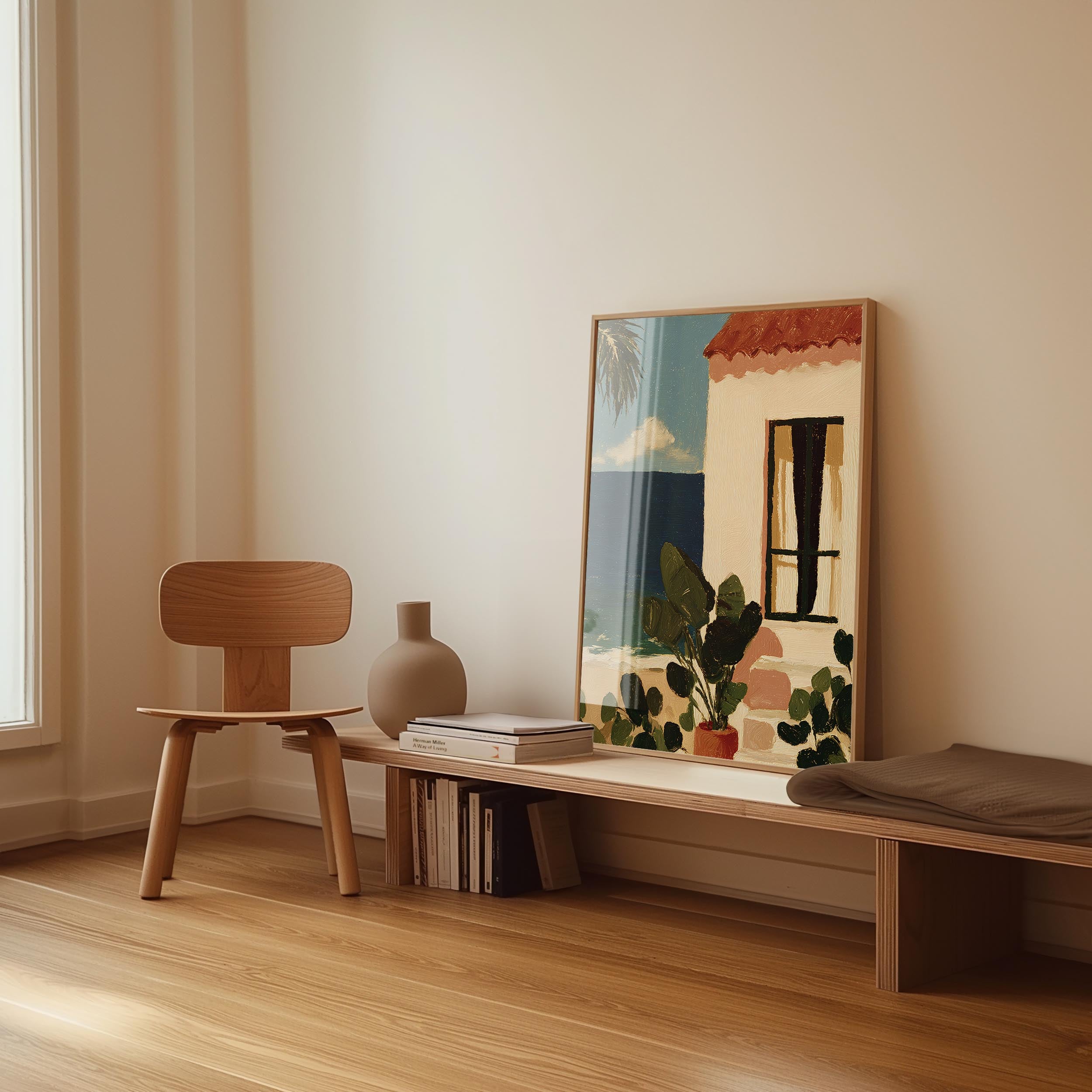 a wooden chair, a wooden bench, a vase, and a framed painting of a building with a red roof and a palm tree.
