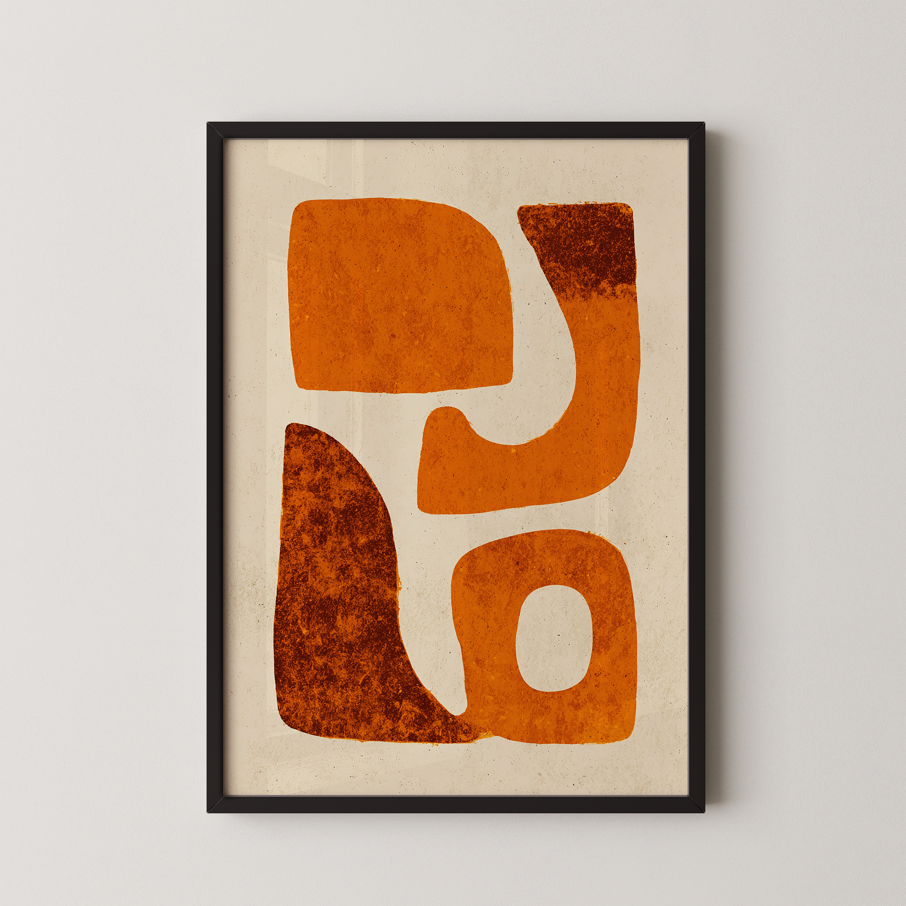 The image is a framed abstract art piece featuring a geometric design with various shapes and colors, including shades of orange and brown.