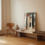 a wooden chair, a wooden bench, a vase, and a framed painting of a building with a palm tree.