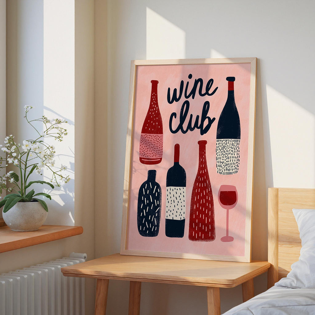 a framed poster with illustrations of wine bottles and glasses, along with the text "wine club" written in a stylized font.