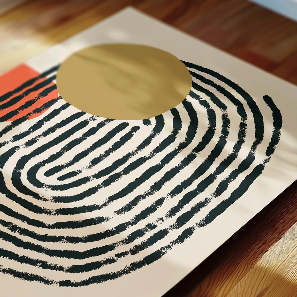 a large, abstract design with black and white stripes and a large, circular shape in the center.