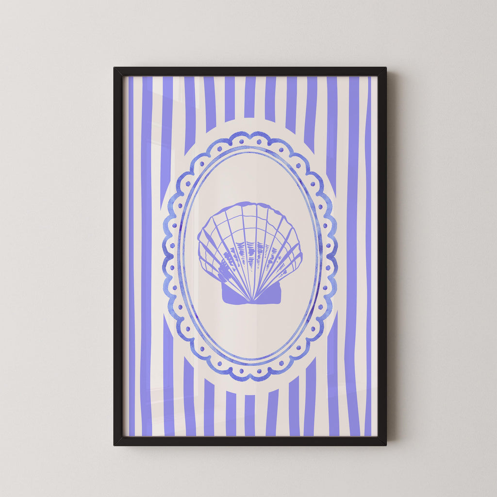 The image is a framed artwork featuring a blue and white striped background with a central oval frame containing a stylized seashell design.