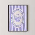 The image is a framed artwork featuring a blue and white striped background with a central oval frame containing a stylized seashell design.