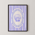 The image is a framed artwork featuring a blue and white striped background with a central oval frame containing a stylized seashell design.