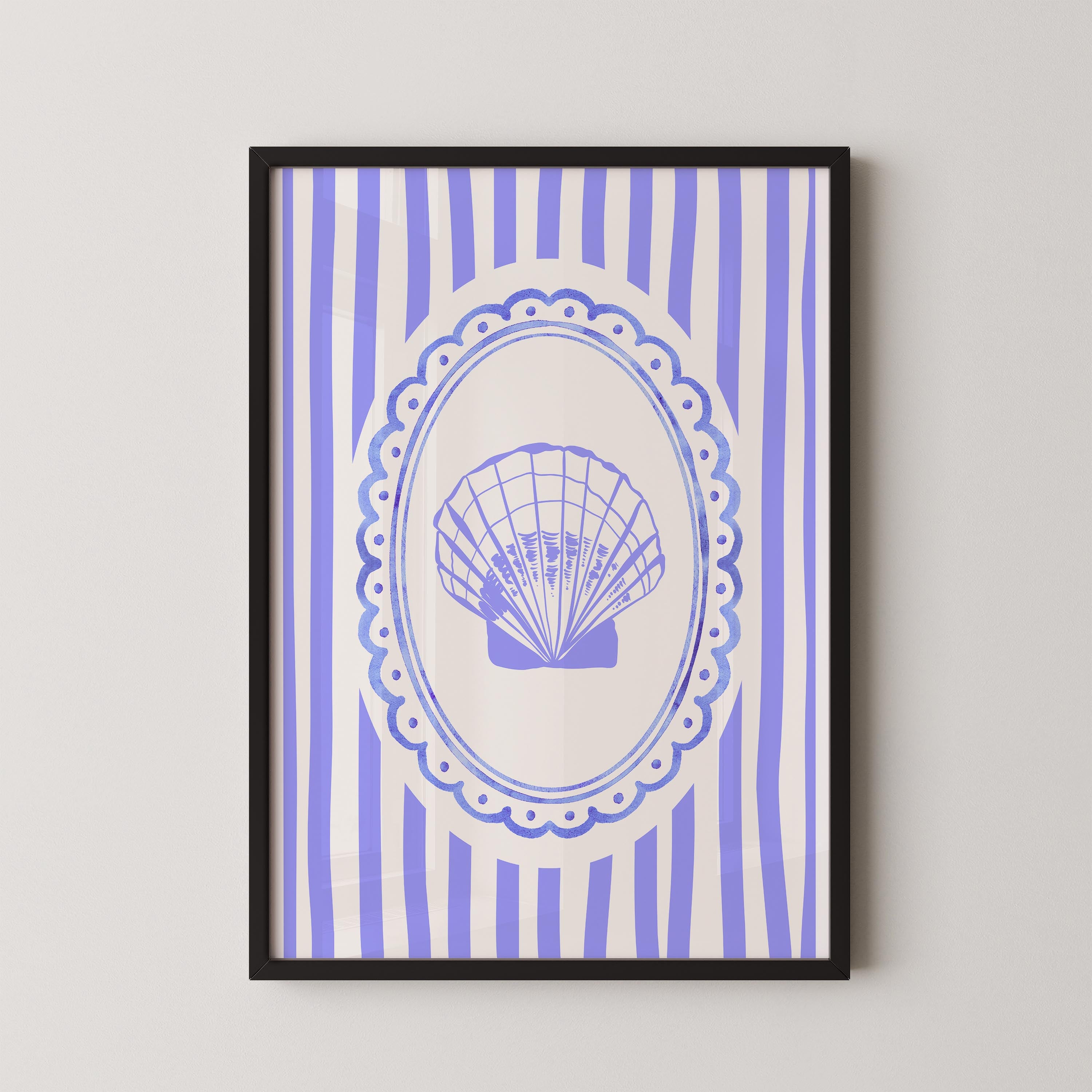 The image is a framed artwork featuring a blue and white striped background with a central oval frame containing a stylized seashell design.