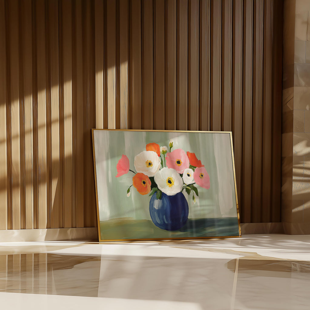 A framed painting of a vase filled with colorful flowers is displayed on a wooden wall, with sunlight casting shadows on the floor.