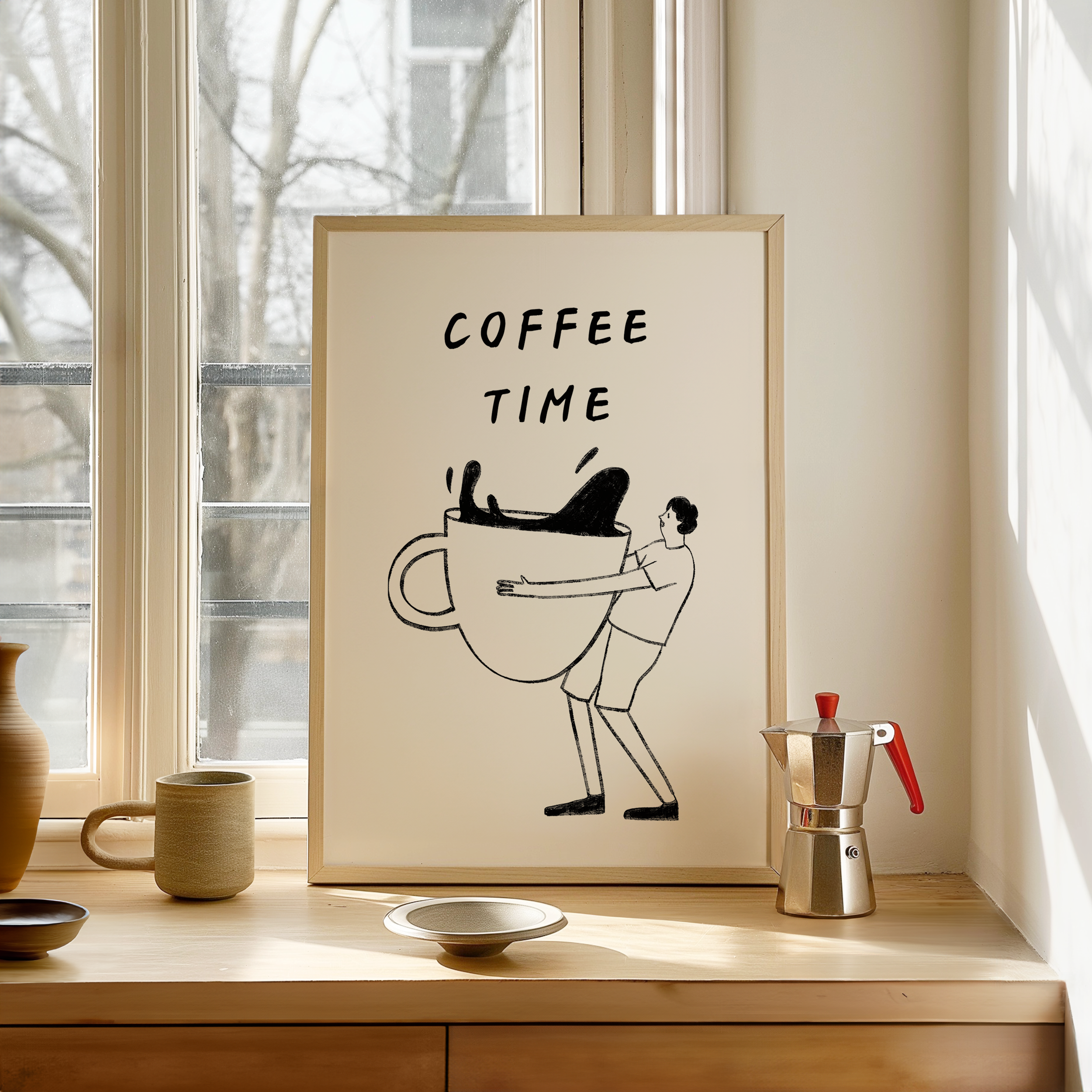 a framed poster with a black and white illustration of a person holding a large coffee mug, accompanied by the text "COFFEE TIME".