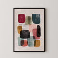 The image is a framed abstract art print featuring a variety of colorful shapes and patterns.
