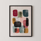 The image is a framed abstract art print featuring a variety of colorful shapes and patterns.