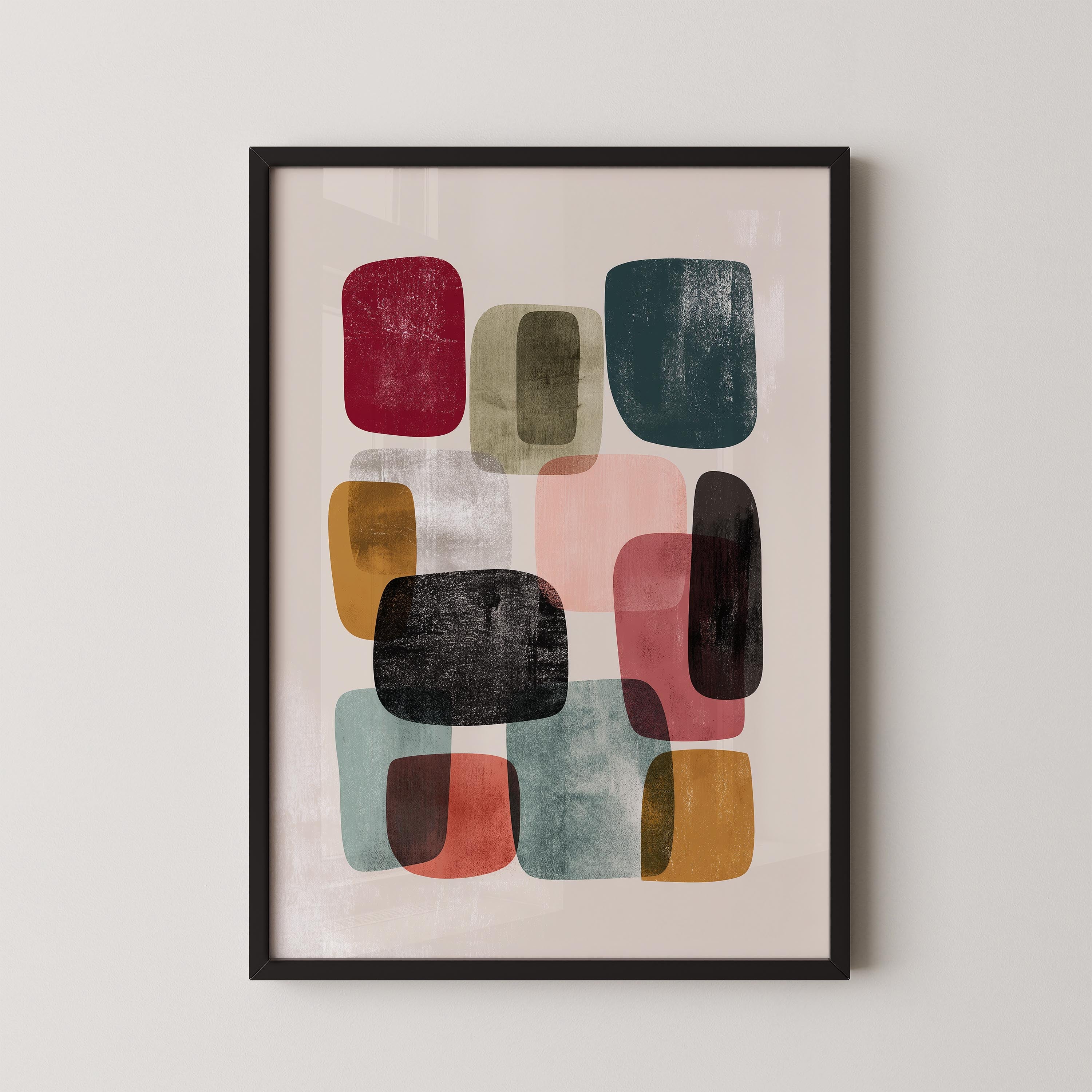 The image is a framed abstract art print featuring a variety of colorful shapes and patterns.