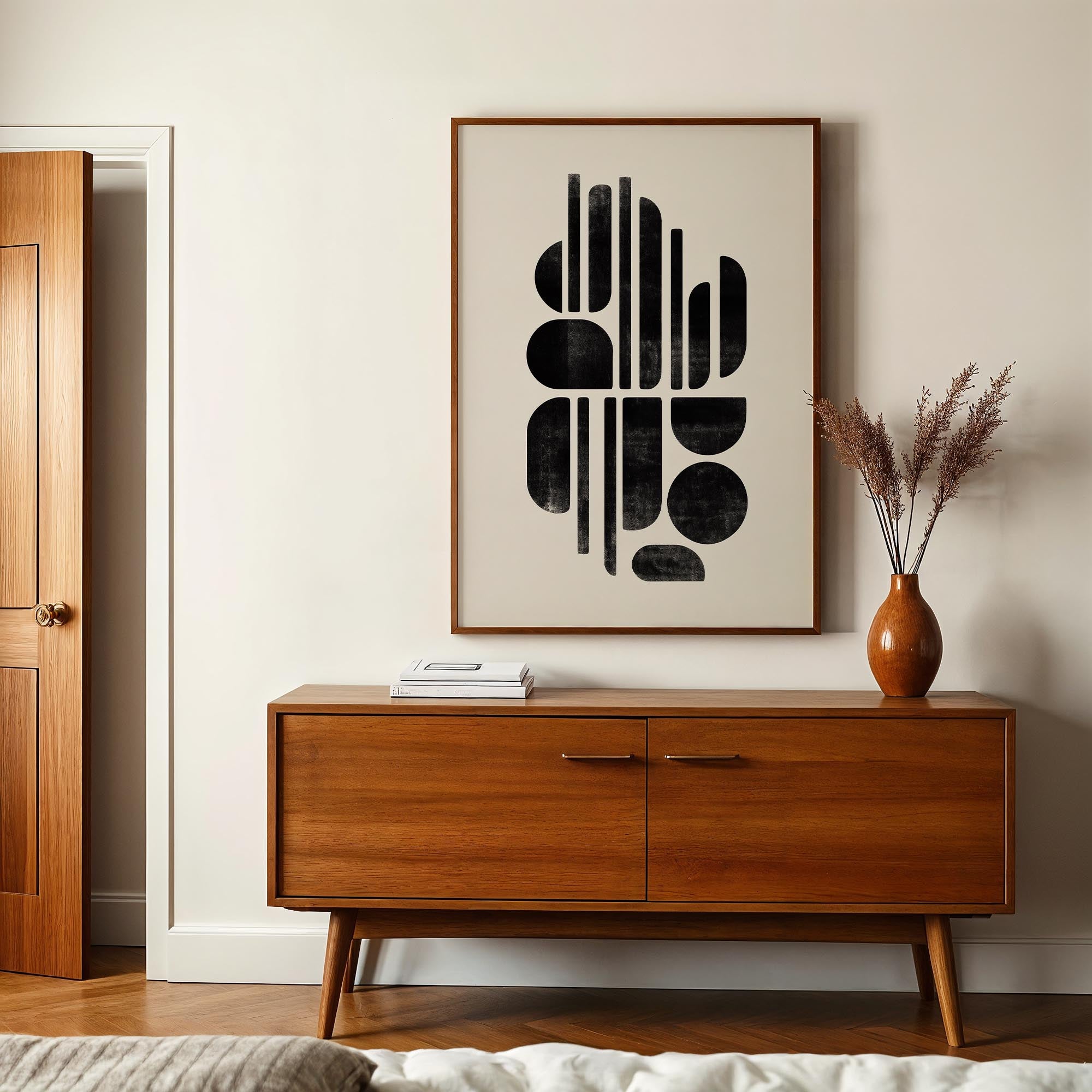 a modern interior design with a wooden cabinet, a framed abstract artwork, and a vase with dried flowers on a table.