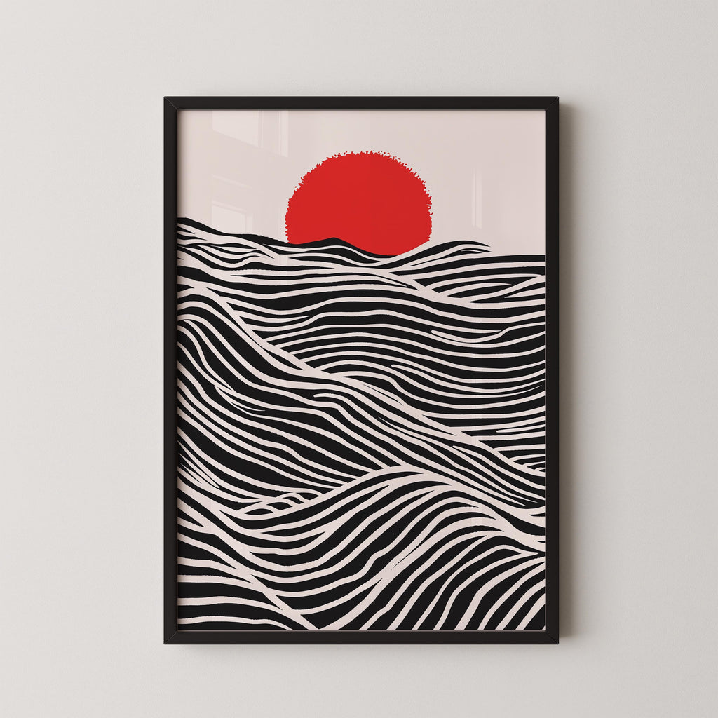The image is a framed artwork depicting a red sun in the sky over a black and white wave pattern.