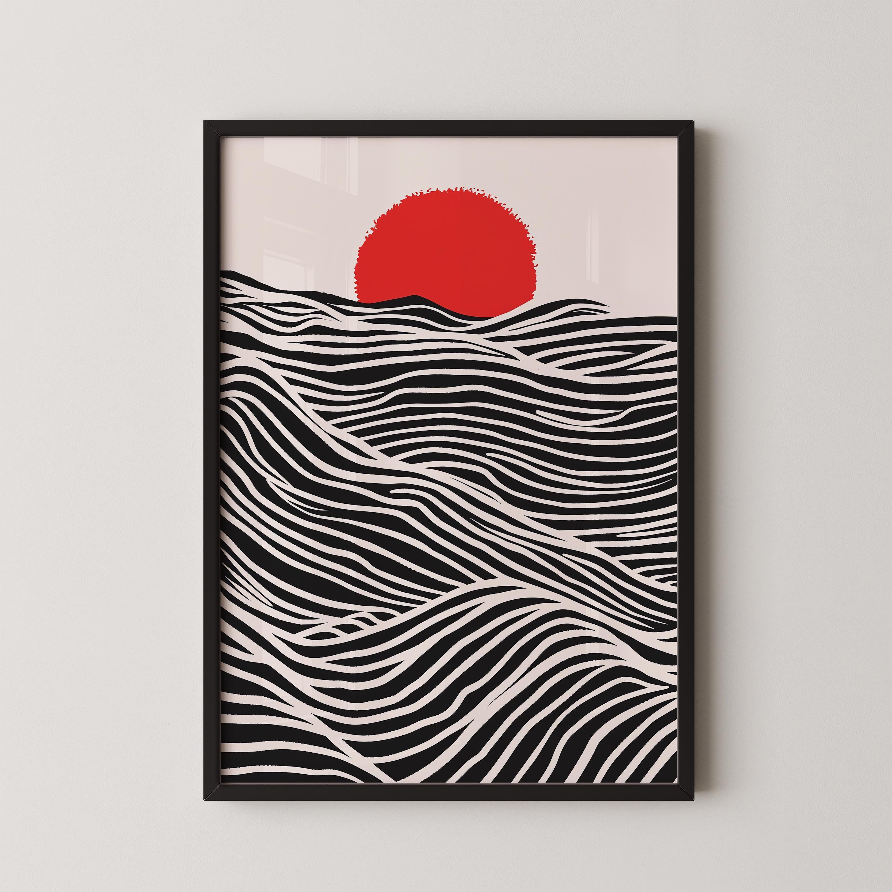The image is a framed artwork depicting a red sun in the sky over a black and white wave pattern.