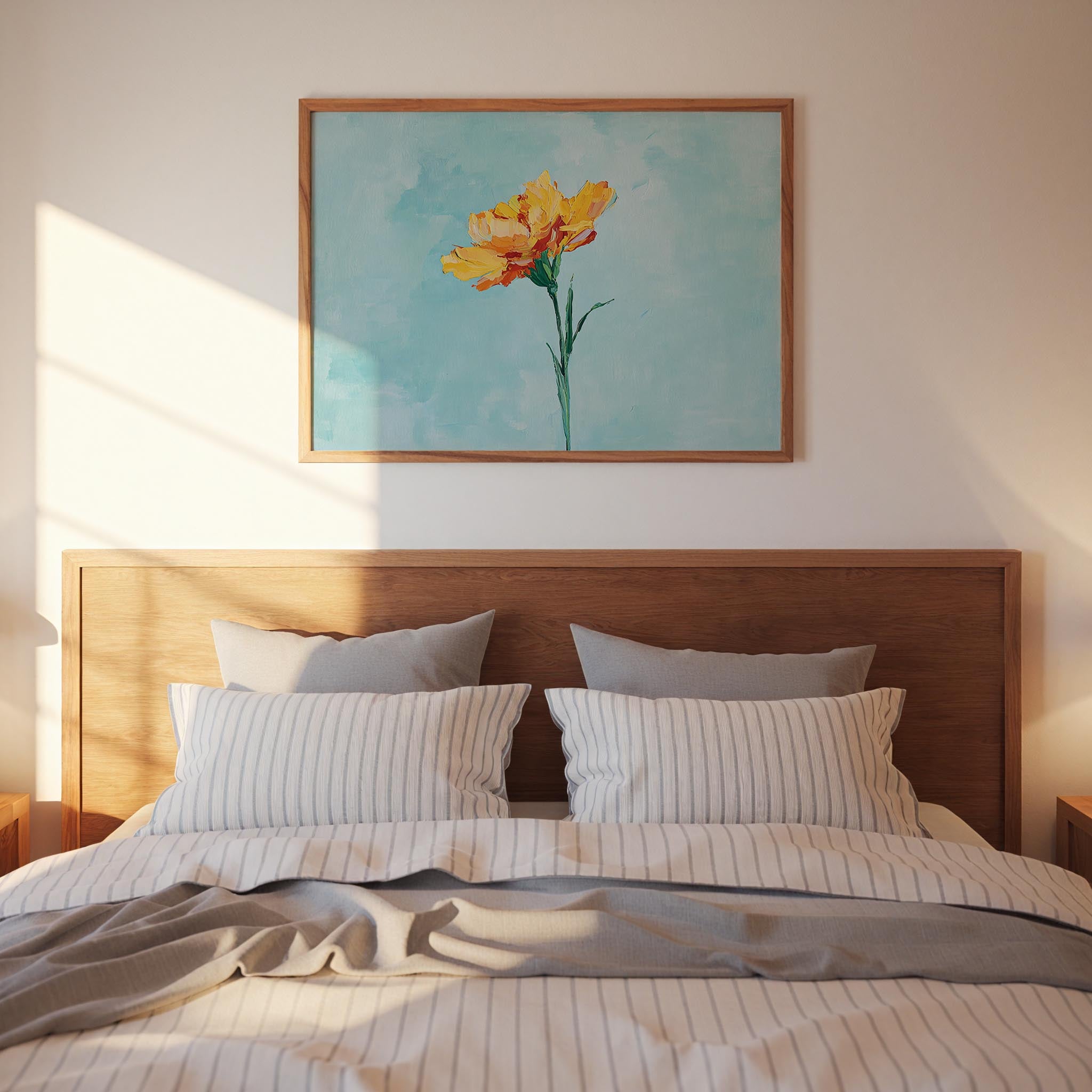 a cozy bedroom scene with a wooden headboard and a framed painting of a yellow flower hanging above it.