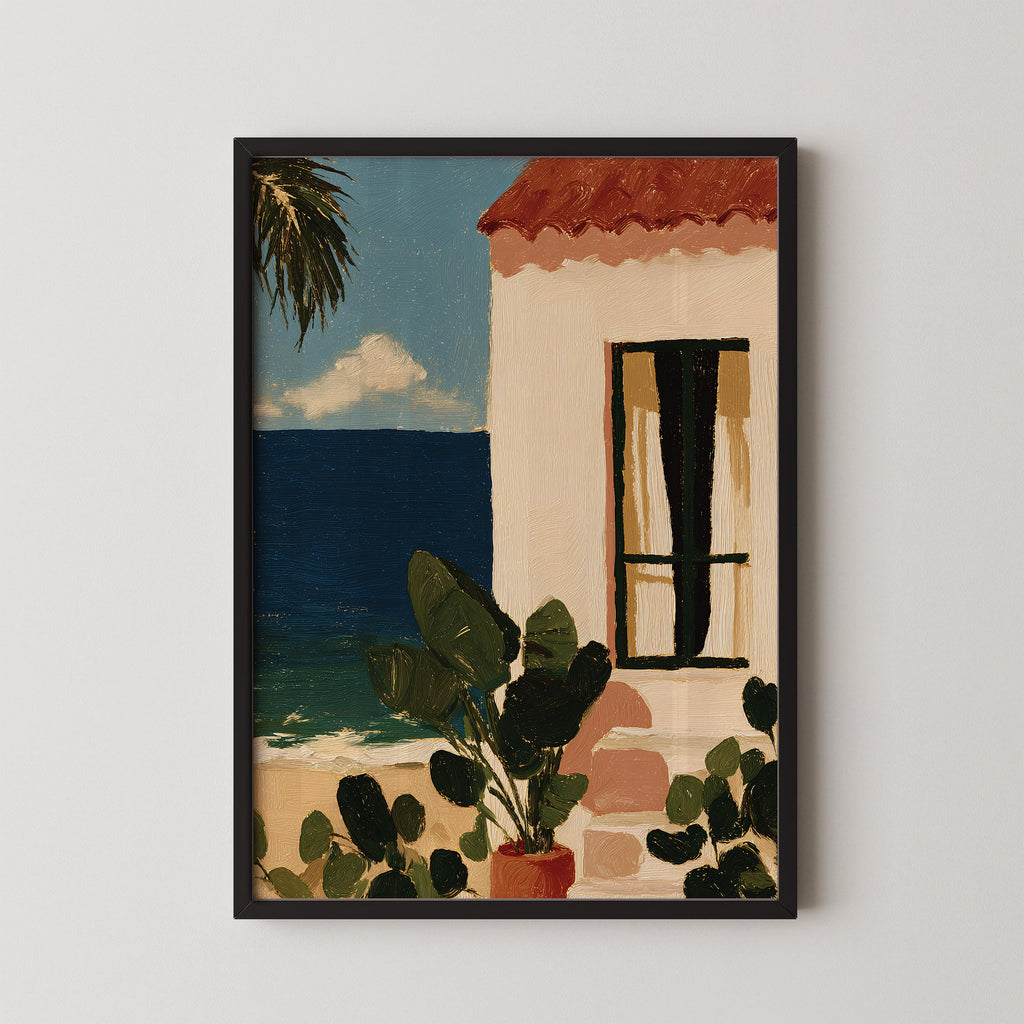 The image is a framed painting depicting a tropical beach scene with palm trees, a white building with a red roof, and a window overlooking the ocean.