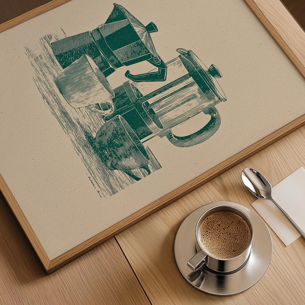 a framed illustration of a coffee maker and a cup of coffee on a wooden table.