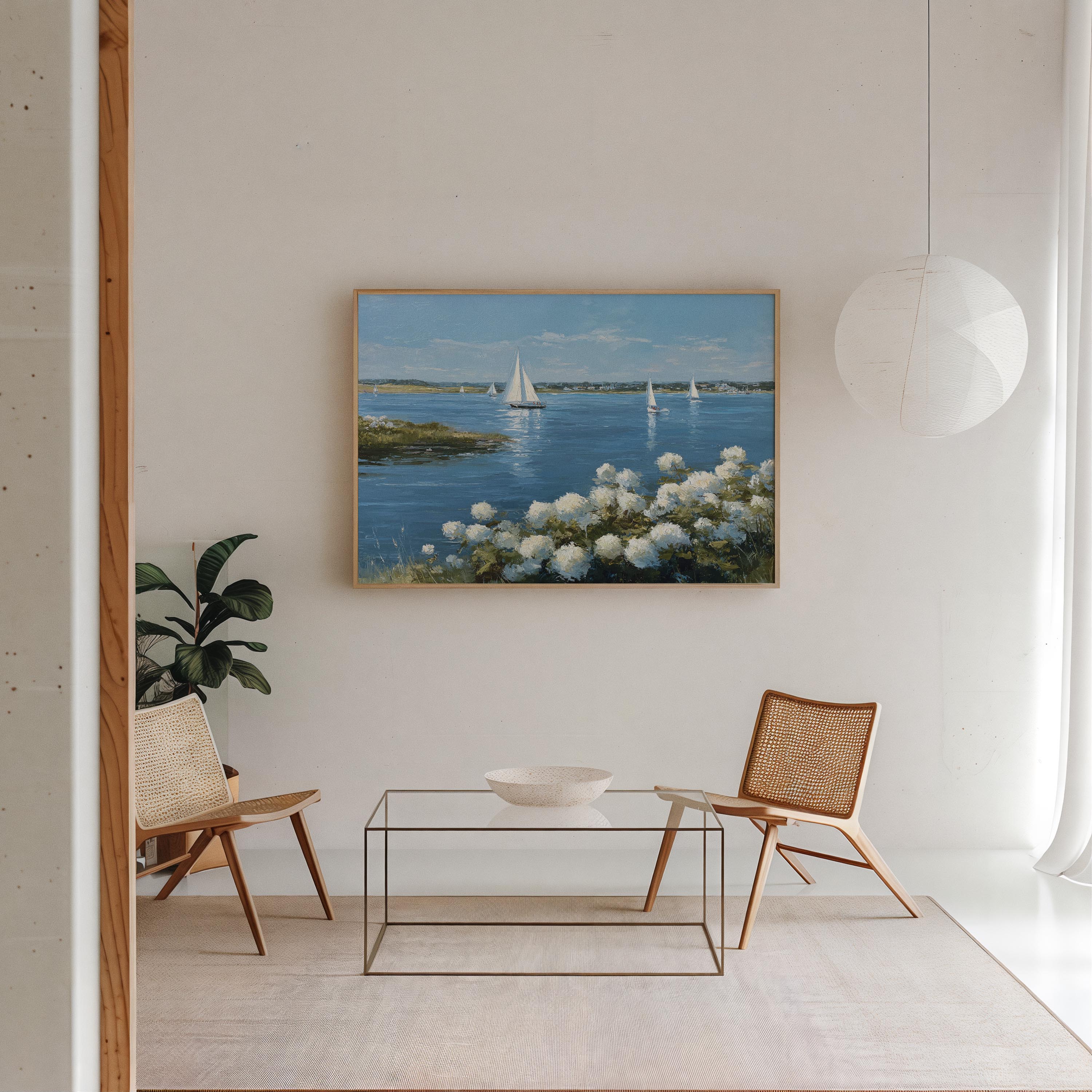 a serene indoor setting with a painting of a sailboat on the wall, a glass coffee table in the center, and two chairs facing each other.