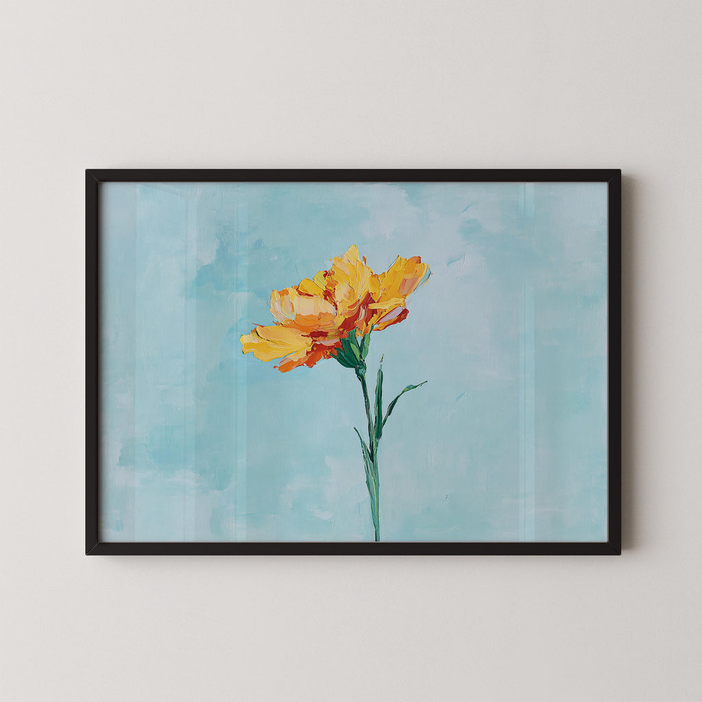 A framed painting of a single yellow flower against a light blue background.