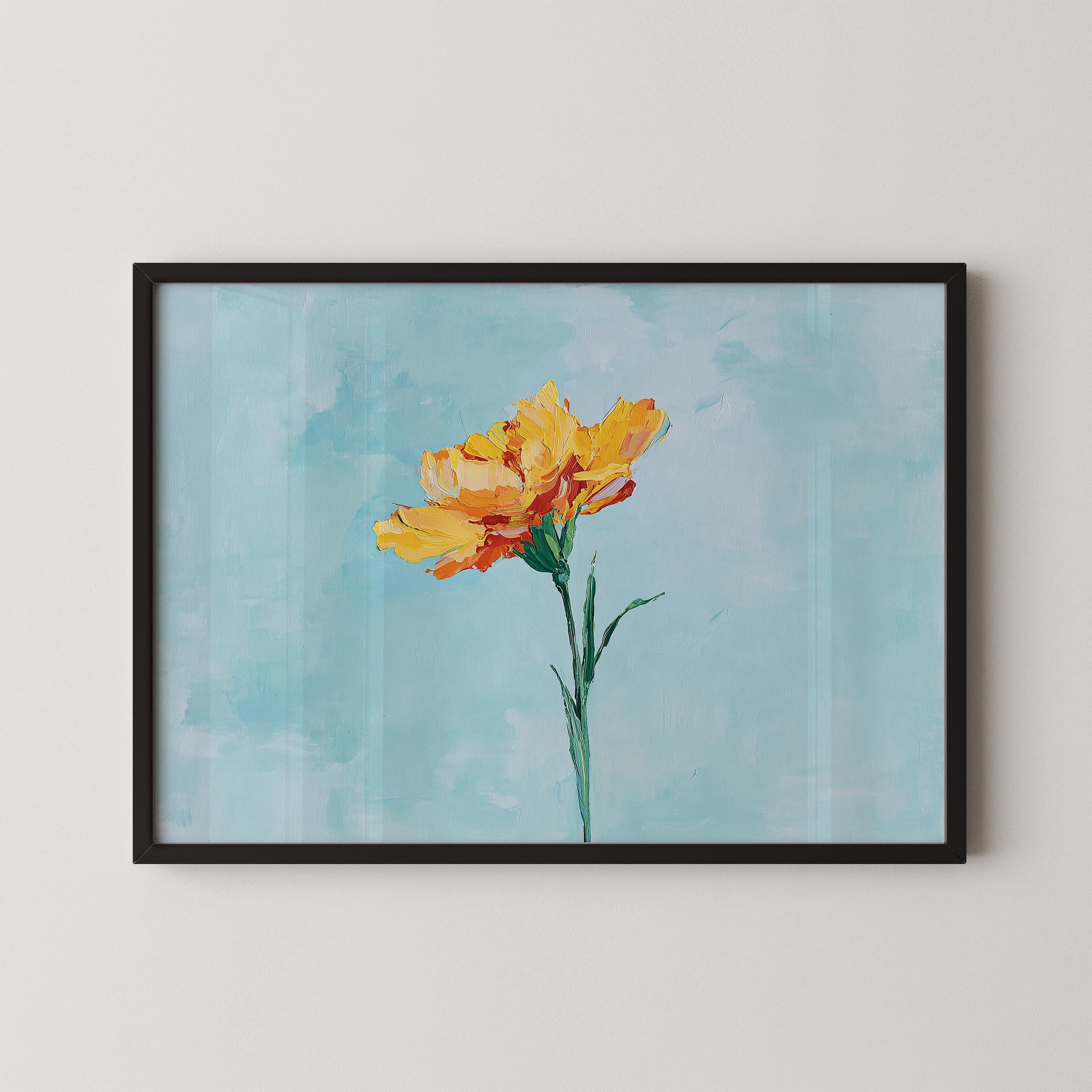A framed painting of a single yellow flower against a light blue background.