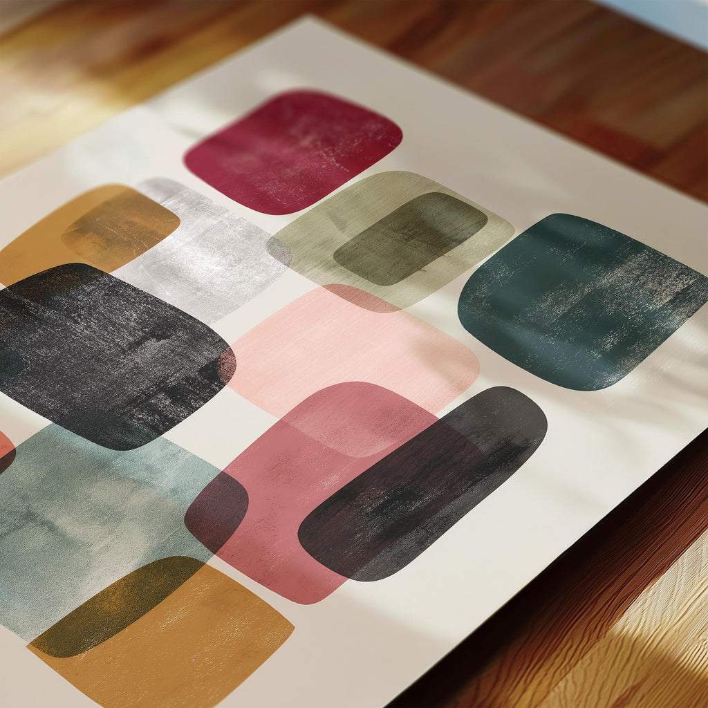 abstract geometric shapes in various colors and sizes, creating a visually striking and dynamic composition.