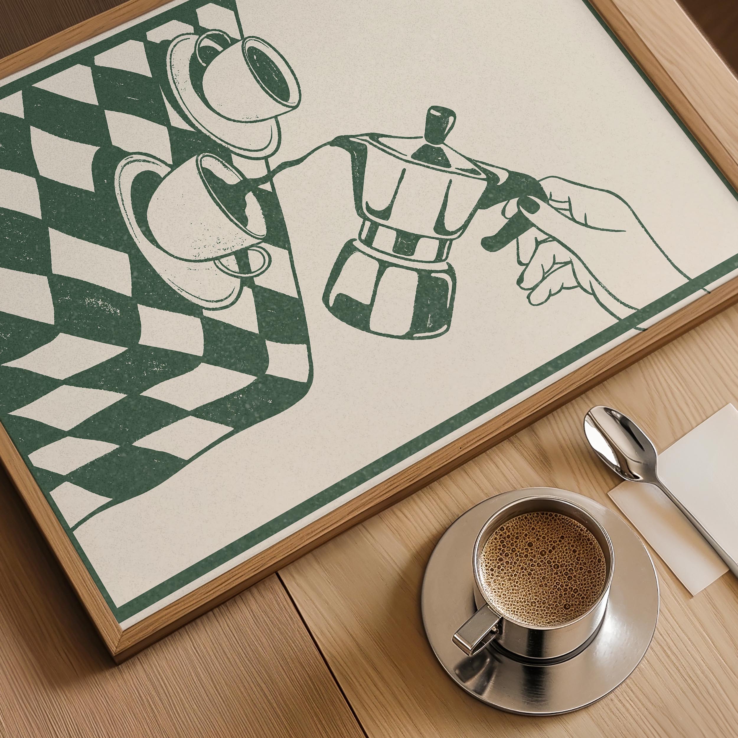 a hand holding a coffee pot, with two cups of coffee placed on a table next to it.