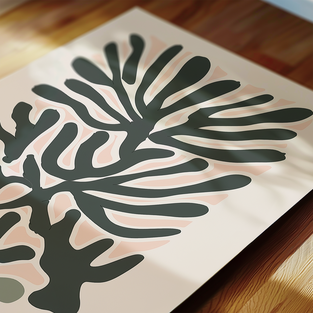 a close-up view of a piece of art with a stylized plant or leaf design in shades of green and pink.
