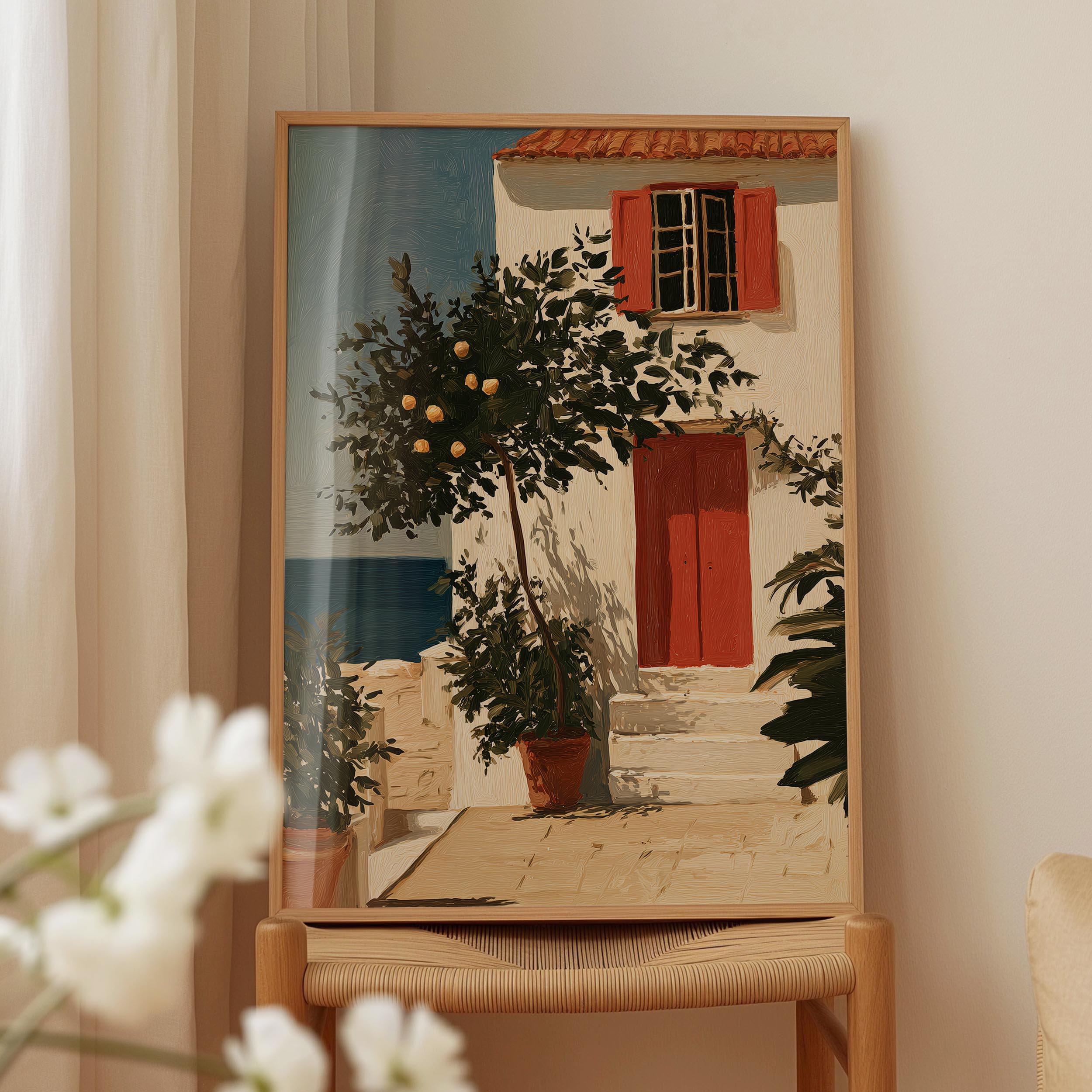 a painting of a house with a red door and a tree with orange fruits in front of it, set against a blue sky and ocean backdrop.