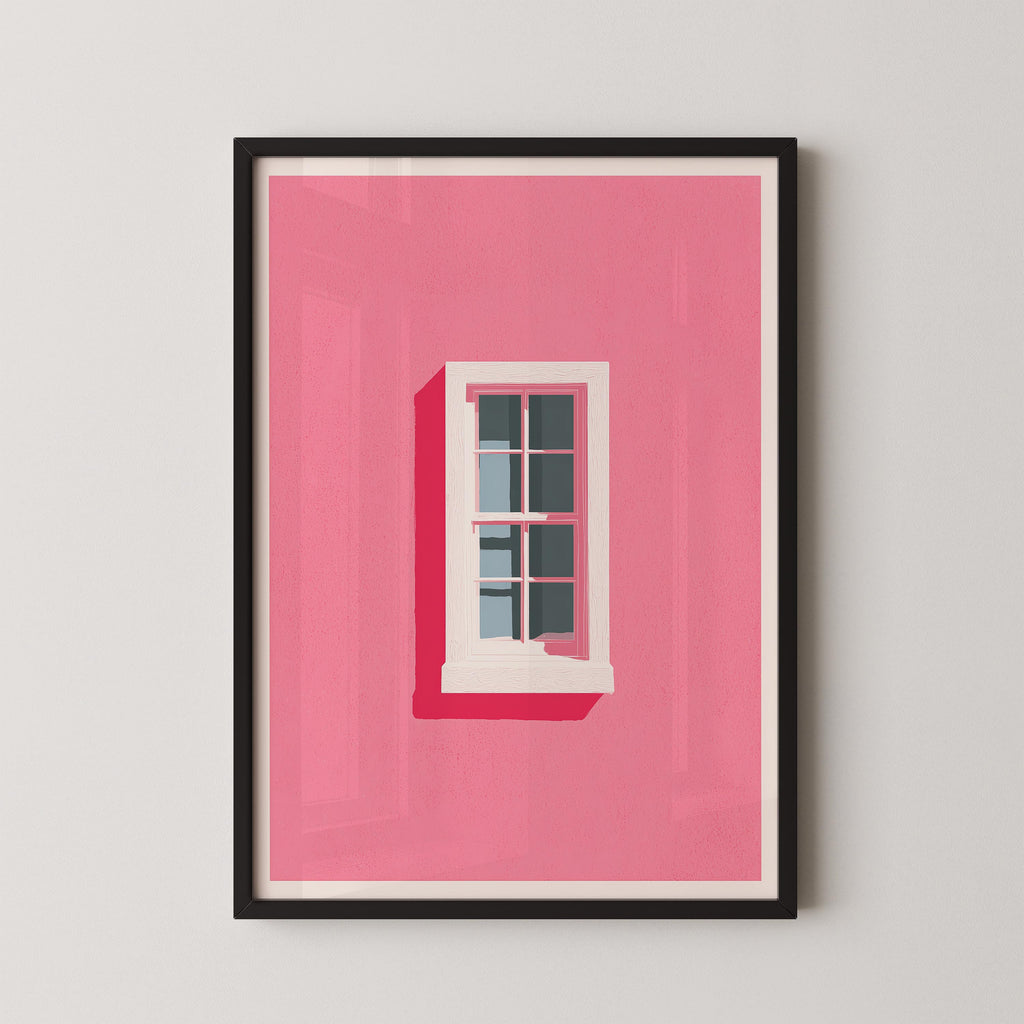 A framed illustration of a window with a pink background and a white frame.
