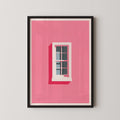 A framed illustration of a window with a pink background and a white frame.