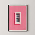 A framed illustration of a window with a pink background and a white frame.