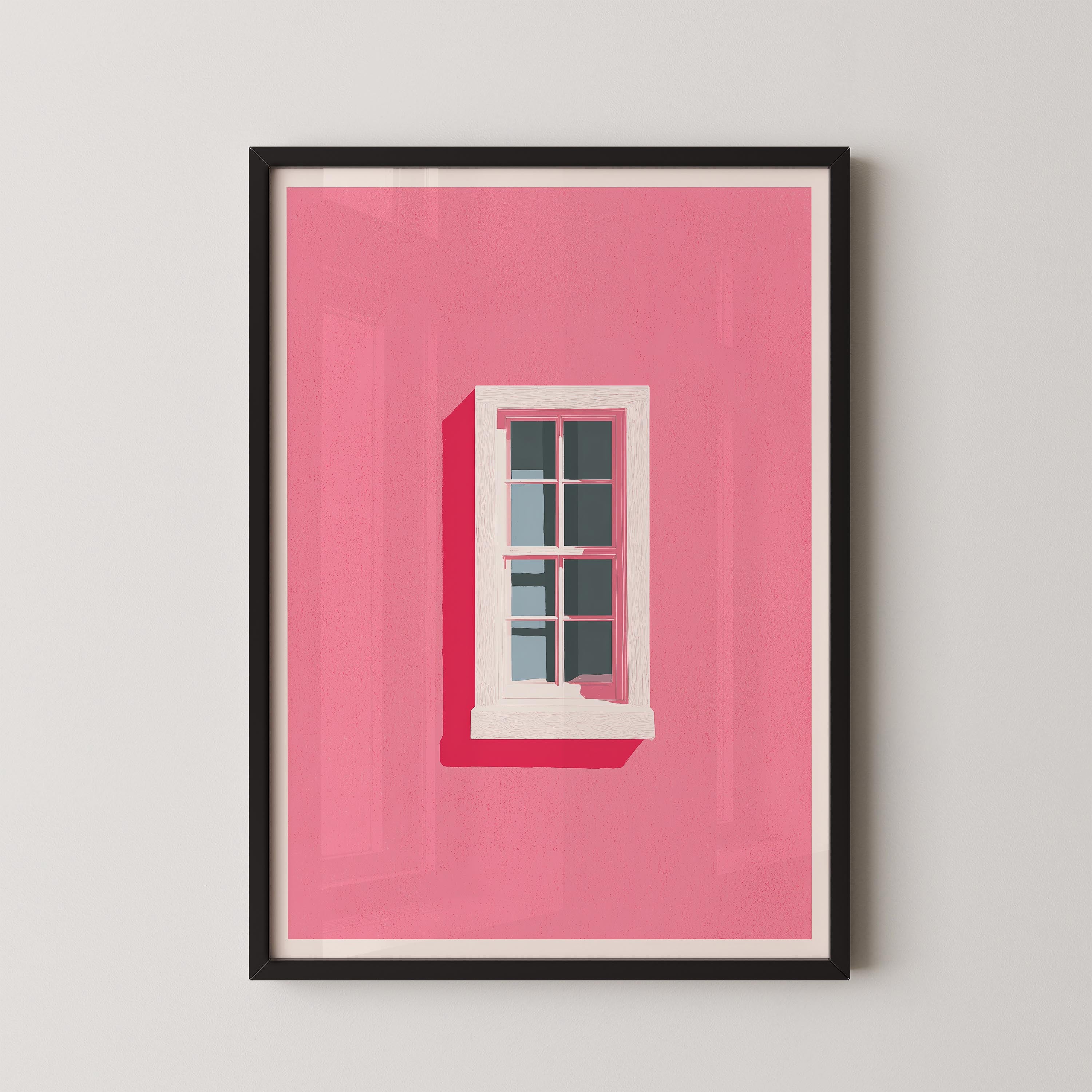 A framed illustration of a window with a pink background and a white frame.