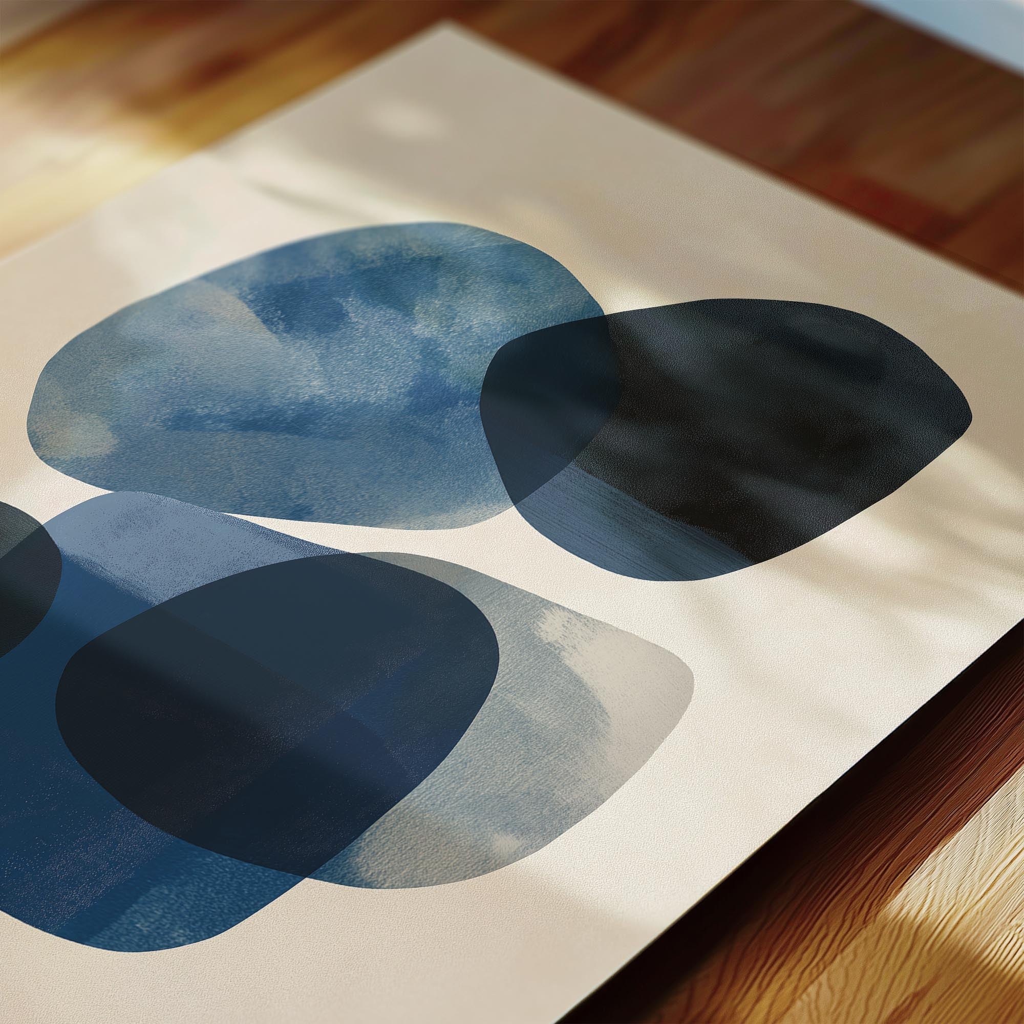 abstract art with various shades of blue and gray shapes, creating a visually striking composition.